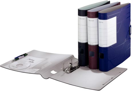 gbc registratore LEITZ 180� ACTIVE PRESTIGE MOGANO, formato 30x32cm, dorso 5cm, 3 tasca interne per ospitare documenti, CD, biglietti da visita, etichetta sostituibile, chiusura ad elastico..