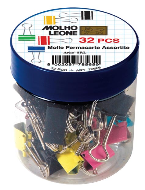 gbc Molle fermacarte double clip, in acciaio  binder clip, con archetti mobili, Il barattolo contiene 20 mollette  da 19 mm in colori assortiti e 12 mollette da 25 mm nere per un totale di 32 mollette.