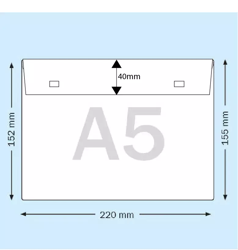 legatoria BustaAutoadesiva conPattella perA5, 155x220mm   (220x155mm) per formato A5, in vinile trasparente, apertura sul lato lungo. Con pattella e 2 tacche adesive di chiusura..