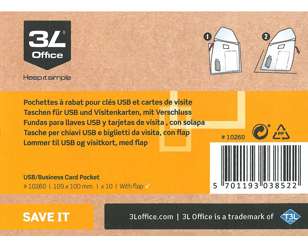 gbc BustaAutoadesiva BigliettoVisita+Chiavetta 100x108mm I un'unica busta con flap di chiusura e bollino autoadesivo, cpesistono 2 alloggiamenti: 1 per biglietto da visita 60x100mm e 1 per chiavetta 40x100mm.