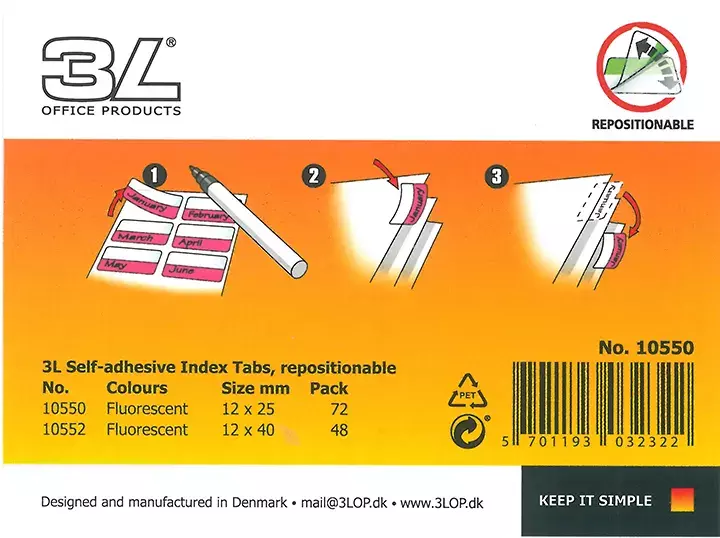 gbc Segnapagina 12x25mm, Riposizionabili, scrivibili, fluoASSORTITI su 4 foglietti fluorescenti: 18gialli, 18rossi, 18verdi, 18arancioni. Prodotto originale Danese. MADE IN DENMARK..