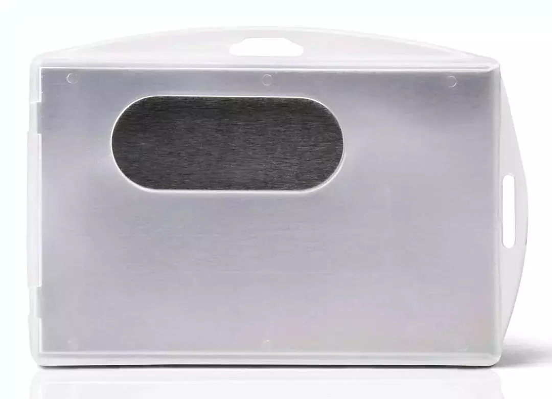 legatoria PortatesserinoBIfaccialeRFID PlasticaRigidaTrasparente, xCreditCard54x86mm Protezione RFID. Orientamento ORIZZONTALE e VERTICALE. Dimensioni esterne: 96x64mm. , Aperto sul lato corto per inserire fino a 2 tessere formato carta di credito. Pu essere appeso sul lato lungo o corto attraverso le 2 asole ovali formato euro. .