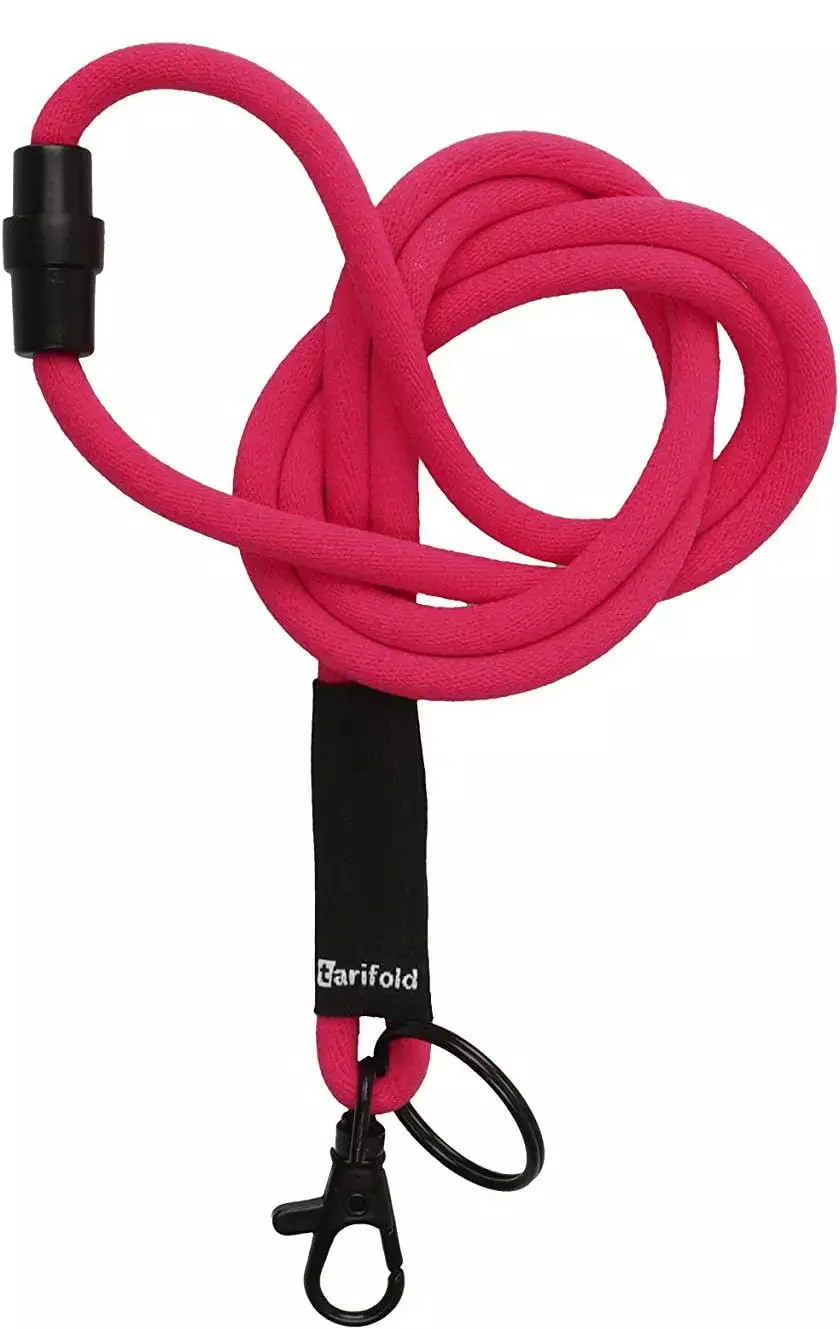 legatoria Cordoncino portabadge, daCollo ANTISOFFOCAMENTO, LAMPONE Cordicella diametro 5mm, dotata sia di moschettone apribile che di anello. Chiusura di sicurezza antisoffocamento. Adatta a qualsiasi portabadge..