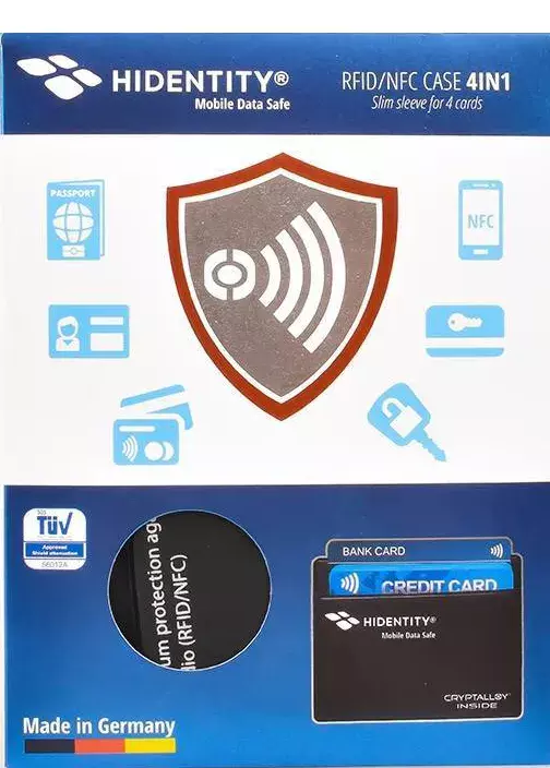 legatoria PortabadgeRFID-NFC 4in1 77x98mm Massima protezione contro il furto di dati tramite onde radio (RFID-NFC). Custodia di sicurezza per 4 carte. NERO. Prodotto originale Tedesco. MADE IN GERMANY.