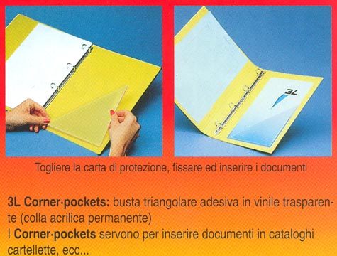 gbc Tasca triangolare autoadesiva, 70x70mm Corner pocket. Busta triangolare isoscele adesiva in vinile trasparente (colla acrilica trasparente) per inserire listini prezzi, offerte o altri fogli singoli in raccoglitori ad anelli, cataloghi, depliant, ecc.. .