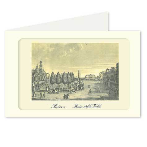 gbc Padova, Prato della Valle Biglietto in cartoncino pregiato piegato sul lato corto. Dimensioni chiuso: 14,5x11cm. Dimensioni aperto: 29x11cm. Stampa artistica.
