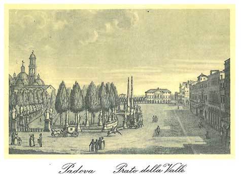 gbc Padova, Prato della Valle Biglietto in cartoncino pregiato piegato sul lato corto. Dimensioni chiuso: 14,5x11cm. Dimensioni aperto: 29x11cm. Stampa artistica.