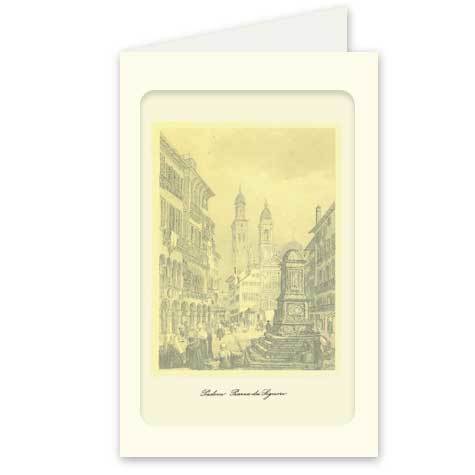 gbc Padova, Piazza dei Signiori Biglietto in cartoncino pregiato piegato sul lato lungo. Dimensioni chiuso: 11x14,5cm. Dimensioni aperto: 22x14,5cm. Stampa artistica.