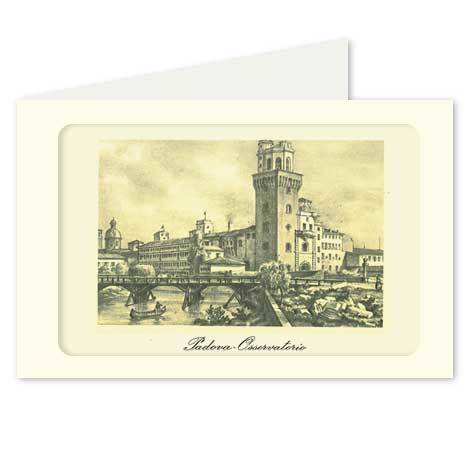 gbc Padova, Osservatorio Biglietto in cartoncino pregiato piegato sul lato corto. Dimensioni chiuso: 14,5x11cm. Dimensioni aperto: 29x11cm. Stampa artistica.