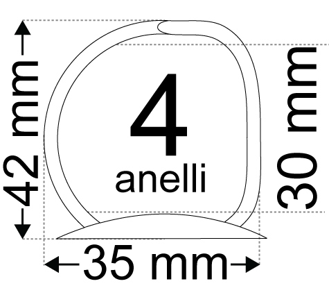 legatoria Meccanismo -D- 4anelli. Contiene 30mm A PIASTRA. Lunghezza totale del meccanismo 285mm, interasse degli anelli 80mm, capacit degli anelli 30mm, interasse fori di fissaggio 275mm, diametro dei fori 4,2mm, larghezza della base 26mm, larghezza totale 35mm, altezza totale 42mm, diametro filo 3,9mm.