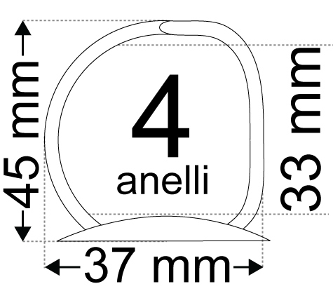 legatoria Meccanismo -D- 4anelli. Contiene 33mm A PIASTRA. Lunghezza totale del meccanismo 285mm, interasse degli anelli 80mm, capacit degli anelli 33mm, interasse fori di fissaggio 275mm, diametro dei fori 4,2mm, larghezza della base 26mm, larghezza totale 37mm, altezza totale 45mm, diametro filo 3,9mm.