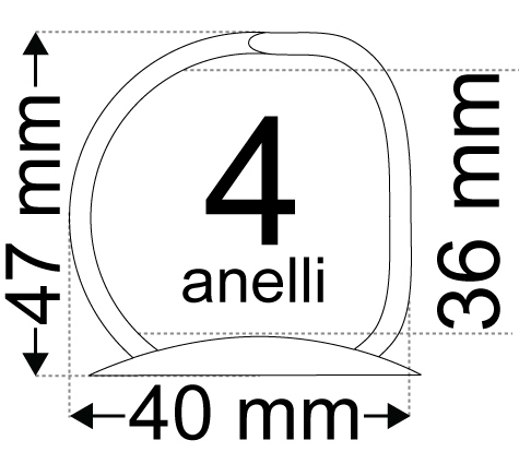 legatoria Meccanismo -D- 4 anelli. Contiene 36mm A PIASTRA. Lunghezza totale del meccanismo 285mm, interasse degli anelli 80mm, capacit degli anelli 36mm, interasse fori di fissaggio 275mm, diametro dei fori 4,2mm, larghezza della base 26mm, larghezza totale 40mm, altezza totale 47mm, diametro filo 3,9mm.