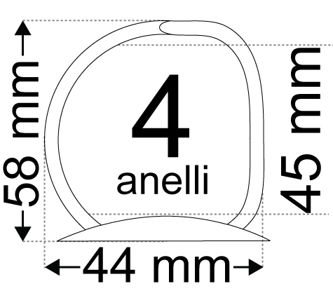 legatoria Meccanismo -D- 4 anelli. Contiene 45mm A PIASTRA. Lunghezza totale del meccanismo 285mm, interasse degli anelli 80mm, capacit degli anelli 45mm, interasse fori di fissaggio 275mm, diametro dei fori 4,2mm, larghezza della base 26mm, larghezza totale 44mm, altezza totale 58mm, diametro filo 4,4mm.