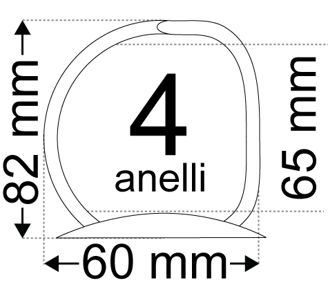 legatoria Meccanismo -D- 4anelli. Contiene 65mm A PIASTRA. Lunghezza totale del meccanismo 299mm, interasse degli anelli 80mm, capacit degli anelli 65mm, interasse fori di fissaggio 290mm, diametro dei fori 4,2mm, larghezza della base 36mm, larghezza totale 60mm, altezza totale 82mm, diametro filo 5,4mm.