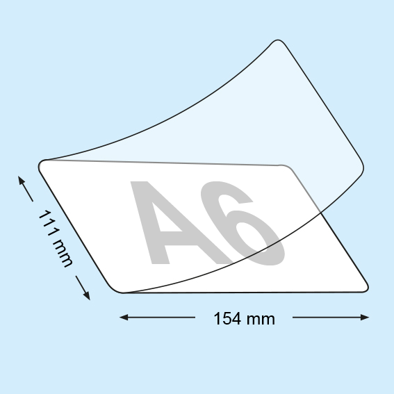 legatoria Pouches. bustine plastificanti. 111x154mm TRASPARENTE lucido, 60 micron per lato, saldate sul lato corto, angoli arrotondati, in polietilene, per cartoncini 105x148mm, plastificazione a caldo.