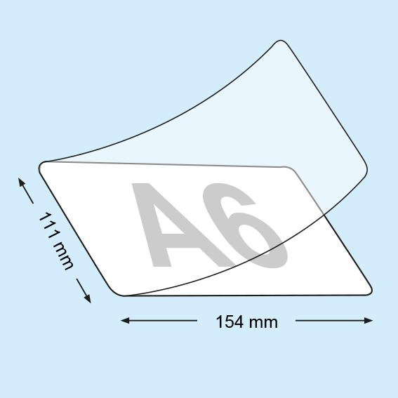 legatoria Pouches. bustine plastificanti. 111x154mm TRASPARENTE lucido, 100 micron per lato, saldate sul lato corto, angoli arrotondati, in polietilene, per cartoncini 105x148mm, plastificazione a caldo.