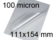 legatoria Pouches. bustine plastificanti. 111x154mm TRASPARENTE lucido, 100 micron per lato, saldate sul lato corto, angoli arrotondati, in polietilene, per cartoncini 105x148mm, plastificazione a caldo.