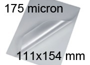 legatoria Pouches. bustine plastificanti. 111x154mm TRASPARENTE lucido, 175 micron per lato, saldate sul lato corto, angoli arrotondati, in polietilene, per cartoncini 105x148mm, plastificazione a caldo.