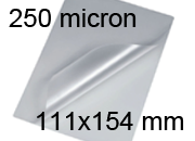 legatoria Pouches. bustine plastificanti. 111x154mm TRASPARENTE lucido, 250 micron per lato, saldate sul lato corto, angoli arrotondati, in polietilene, per cartoncini 105x148mm, plastificazione a caldo.