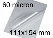 legatoria Pouches. bustine plastificanti. 111x154mm TRASPARENTE lucido, 60 micron per lato, saldate sul lato corto, angoli arrotondati, in polietilene, per cartoncini 105x148mm, plastificazione a caldo.