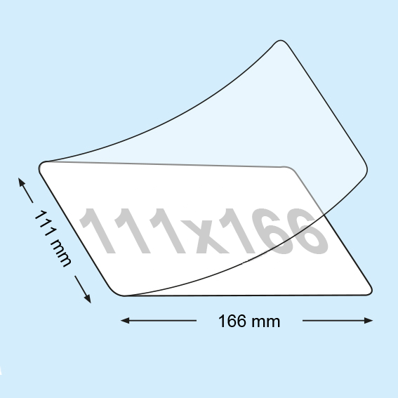 legatoria Pouches, bustine plastificanti, 111x166mm TRASPARENTE lucido, 80 micron per lato, saldate sul lato corto, angoli arrotondati, in polietilene, per cartoncini 105x160mm, plastificazione a caldo.