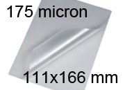 legatoria Pouches. bustine plastificanti. 111x166mm TRASPARENTE lucido, 175 micron per lato, saldate sul lato corto, angoli arrotondati, in polietilene, per cartoncini 105x160mm, plastificazione a caldo.