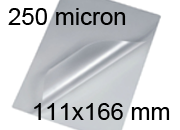 legatoria Pouches. bustine plastificanti. 111x166mm TRASPARENTE lucido, 250 micron per lato, saldate sul lato corto, angoli arrotondati, in polietilene, per cartoncini 105x160mm, plastificazione a caldo.