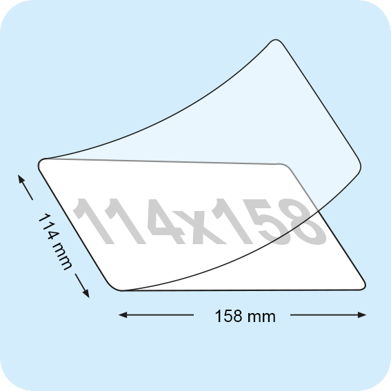 legatoria Pouches. bustine plastificanti. 114x154mm TRASPARENTE lucido, 42 micron per lato, saldate sui 2 lati corti, angoli a spigolo, in polietilene, per cartoncini 108x148mm, plastificazione a caldo.