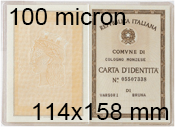 legatoria Pouches. bustine plastificanti. 114x158mm TRASPARENTE lucido, 100 micron per lato, saldate sul lato corto, angoli arrotondati, in polietilene.Ideali per carte di identit. Con fessura di piegatura e riquadro non plastificato,  BRA114x158x100