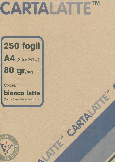 carta Carta RiciclataBianca CARTALATTE, 80gr, a5 formato a5 (14,8x21cm), 80grammi x mq. Colore: Bianco (senza uso di disinchiostranti), Carta realizzata riciclando i contenitori del latte. Imballo esterno realizzato in Cartafrutta. Prodotta dalla Cartiera di Santarcangelo, Rimini.
