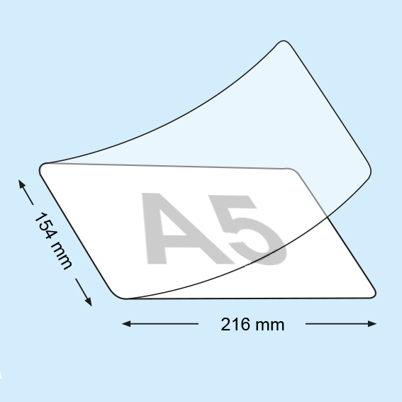 legatoria Pouches. bustine plastificanti. 154x216mm TRASPARENTE lucido, 80 micron per lato, saldate sul lato corto, angoli arrotondati, in polietilene, per cartoncini 148x210mm, plastificazione a caldo.