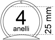 legatoria Meccanismo rotondo 4anelli, contiene 25mm Lunghezza totale del meccanismo 347mm, interasse degli anelli 80mm, capacit degli anelli 25mm, diametro dei fori 4,2mm, larghezza della base 42mm, larghezza totale 42mm, altezza totale 43mm, diametro filo 3,9mm.