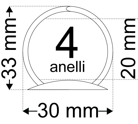 legatoria Meccanismo rotondo 4anelli, contiene 20mm A INCASTRO. Lunghezza totale del meccanismo 293mm, interasse degli anelli 80mm, capacit degli anelli 20mm, larghezza della base 20mm, larghezza totale 30mm, altezza totale 33mm, Diametro filo 3,4mm.