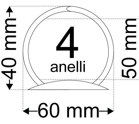 legatoria Meccanismo a mezzaluna 4 anelli, contiene fino a 50mm A MEZZALUNA. Lunghezza totale del meccanismo 305mm, interasse degli anelli 80mm, interasse fori di fissaggio 296mm, capacit degli anelli 50mm, larghezza della base 42mm, larghezza totale 60mm, altezza totale 40mm, diametro filo 4,7mm. La leva di sblocco consente l'apertura parziale o totale del meccanismo.