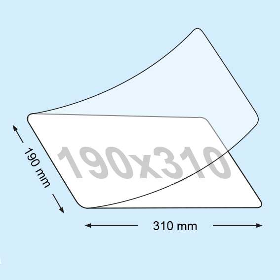 legatoria Pouches. bustine plastificanti. 190x310mm TRASPARENTE lucido, 100 micron per lato, saldate sul lato corto, angoli arrotondati, in polietilene, per cartoncini 184x304mm, plastificazione a caldo.