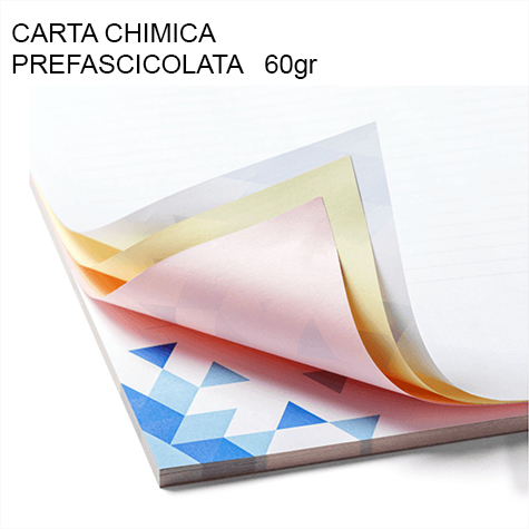 carta CartaChimica AUTOCOPIANTE prefascicolata A4, 60gr formato A4 (21x29,7cm), 60grammi x mq. I fogli sono gi� intercalati di 3 in 3. Il primo foglio (trasmittente ) � BIANCO, il secondo (rice-trasmittente) � GIALLO, il terzo (ricevente) � ROSA. Mandando in stampa un modulo in 99 copie, si ottengono 33 moduli.