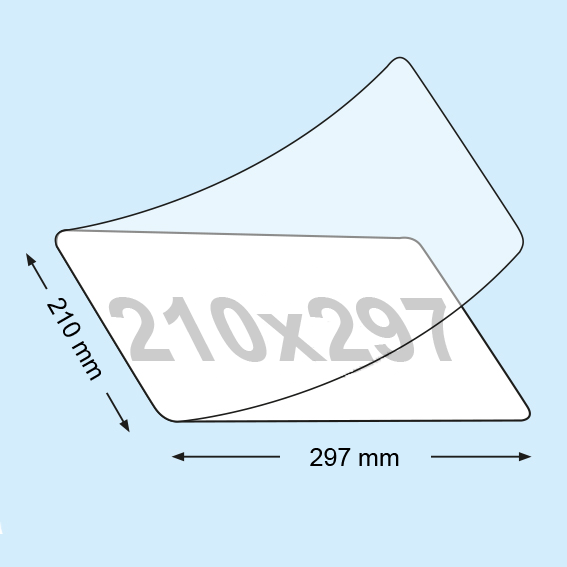 legatoria Pouches. bustine plastificanti. 210x297mm TRASPARENTE lucido, 80 micron per lato, saldate sul lato corto, angoli arrotondati, in polietilene, per cartoncini 204x291mm, plastificazione a caldo.