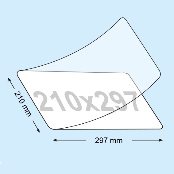 legatoria Pouches. bustine plastificanti. 210x297mm TRASPARENTE lucido, 125 micron per lato, saldate sul lato corto, angoli arrotondati, in polietilene, per cartoncini 204x291mm, plastificazione a caldo.