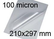 legatoria Pouches. bustine plastificanti. 210x297mm TRASPARENTE lucido, 100 micron per lato, saldate sul lato corto, angoli arrotondati, in polietilene, per cartoncini 204x291mm, plastificazione a caldo.