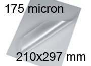 legatoria Pouches. bustine plastificanti. 210x297mm TRASPARENTE lucido, 175 micron per lato, saldate sul lato corto, angoli arrotondati, in polietilene, per cartoncini 204x291mm, plastificazione a caldo.