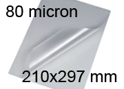 legatoria Pouches. bustine plastificanti. 210x297mm TRASPARENTE lucido, 80 micron per lato, saldate sul lato corto, angoli arrotondati, in polietilene, per cartoncini 204x291mm, plastificazione a caldo.