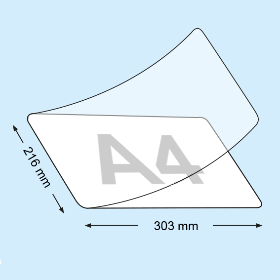legatoria Pouches. bustine plastificanti. 216x303mm TRASPARENTE opaco, 80 micron per lato, saldate sul lato corto, angoli arrotondati, in polietilene, per cartoncini 210x297mm, plastificazione a caldo, 3740491.