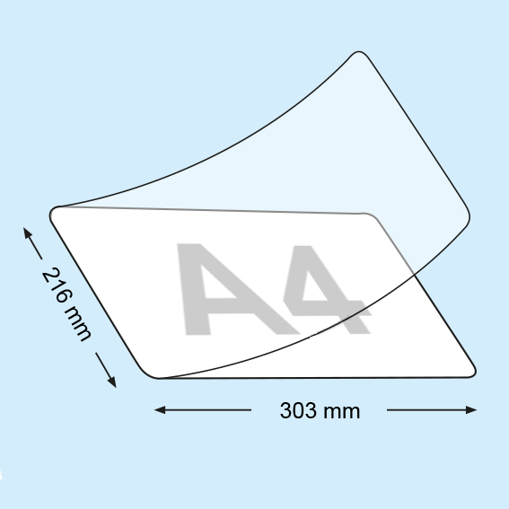 legatoria Pouches. bustine plastificanti. 216x303mm TRASPARENTE opaco, un lato autoadesivo, 80 micron per lato, saldate sul lato corto, angoli arrotondati, in polietilene, per cartoncini 210x297mm, plastificazione a caldo, 3747530.