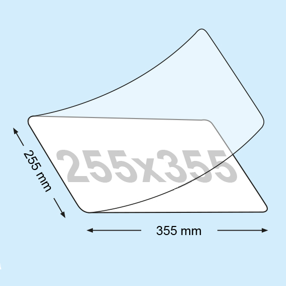 legatoria Pouches. bustine plastificanti. 255x355mm TRASPARENTE lucido, 125 micron per lato, saldate sul lato corto, angoli arrotondati, in polietilene, per cartoncini 249x349mm, plastificazione a caldo.