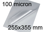 legatoria Pouches. bustine plastificanti. 255x355mm TRASPARENTE lucido, 100 micron per lato, saldate sul lato corto, angoli arrotondati, in polietilene, per cartoncini 249x349mm, plastificazione a caldo.