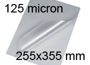 legatoria Pouches. bustine plastificanti. 255x355mm TRASPARENTE lucido, 125 micron per lato, saldate sul lato corto, angoli arrotondati, in polietilene, per cartoncini 249x349mm, plastificazione a caldo.