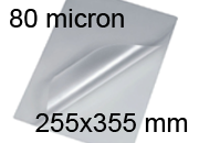 legatoria Pouches. bustine plastificanti. 255x355mm TRASPARENTE lucido, 80 micron per lato, saldate sul lato corto, angoli arrotondati, in polietilene, per cartoncini 249x349mm, plastificazione a caldo.