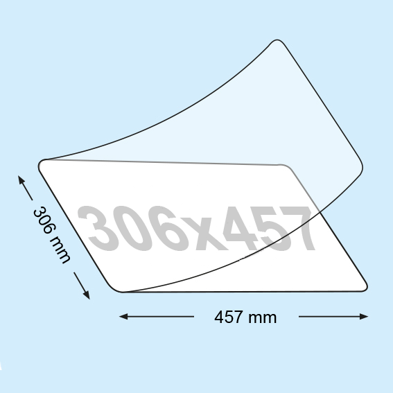 legatoria Pouches. bustine plastificanti. 306x457mm TRASPARENTE lucido, 100 micron per lato, saldate sul lato corto, angoli arrotondati, in polietilene, per cartoncini 300x451mm, plastificazione a caldo.