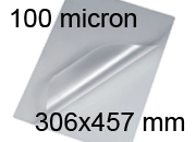 legatoria Pouches. bustine plastificanti. 306x457mm TRASPARENTE lucido, 100 micron per lato, saldate sul lato corto, angoli arrotondati, in polietilene, per cartoncini 300x451mm, plastificazione a caldo BRA306x457x100