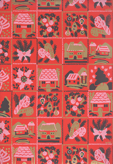 carta Carta Regalo rossa con case e fiori Carta patinata da 65gr-mq. Formato: 100x70cm.